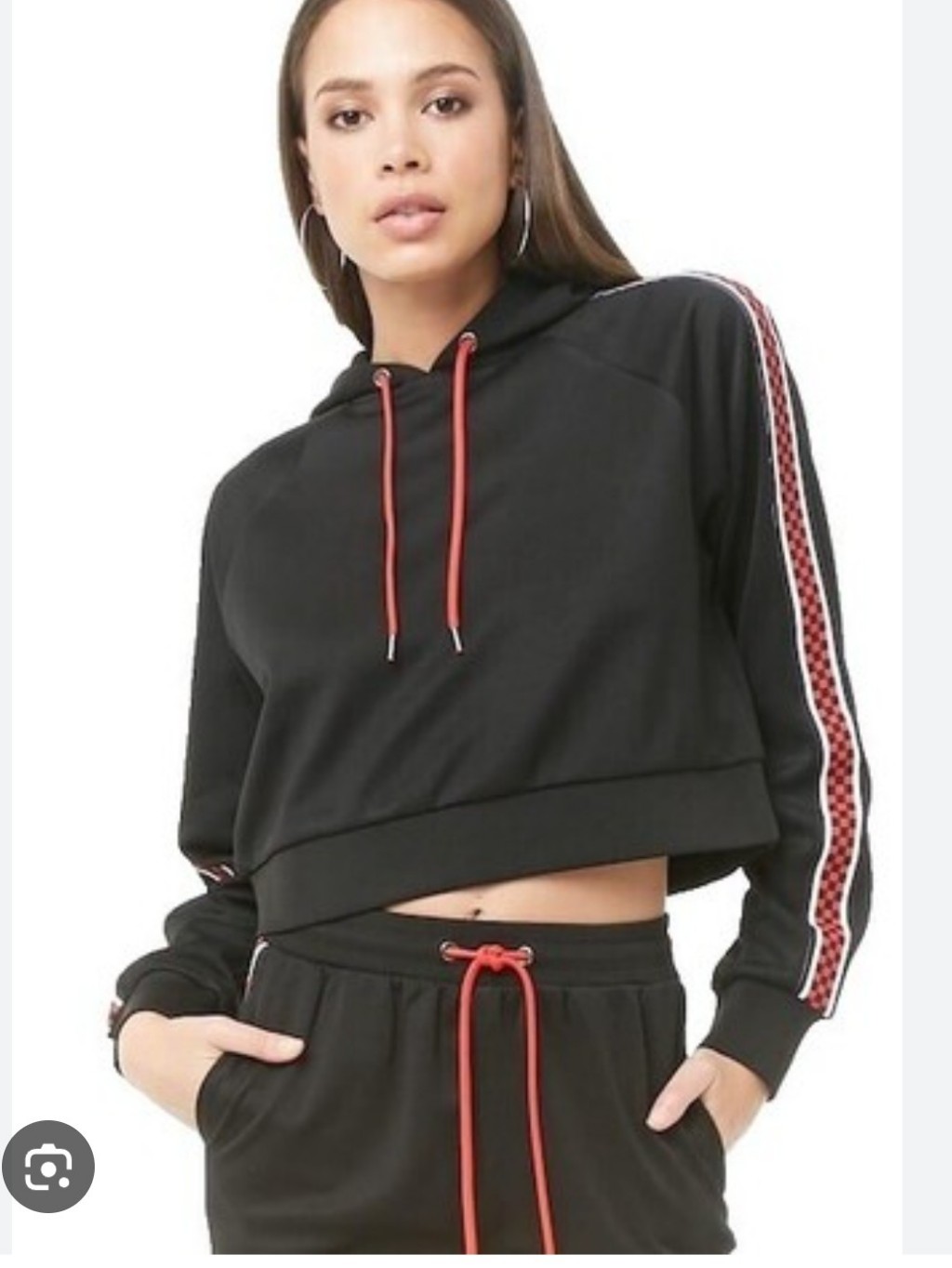 Forever 21 Black Cropped Hoodie & Matching Pants With Red Trim And Side Stripe
